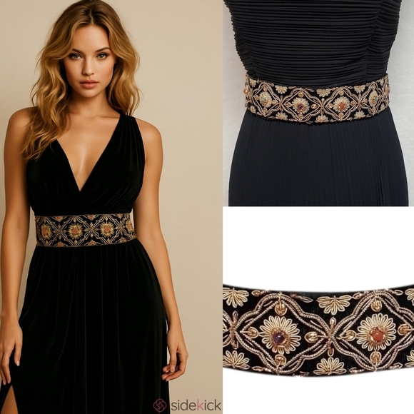 Vintage 80s Silk Gold Silver Metal Filigree Embroidered Tassle Tie-Waist Belt